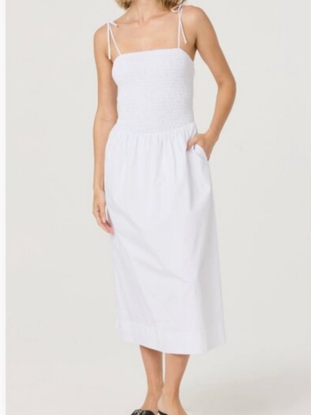 Astr The Label White Smocked Cotton Midi Dress Tie Strap Pockets Nwt Small
